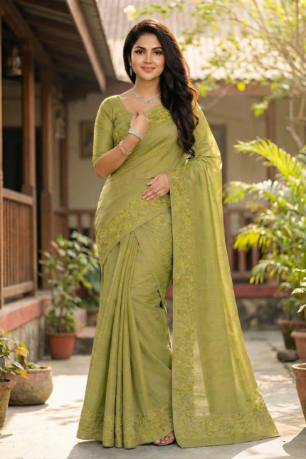 Green Soft Silk Mekhela Chador